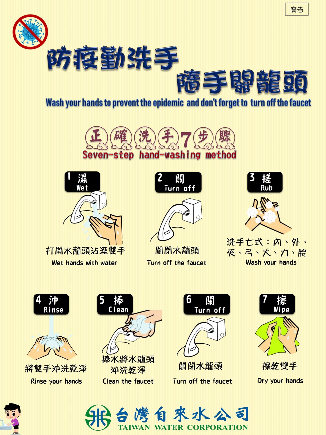 台水發布正確洗手步驟呼籲大家隨手關水龍頭。 圖:台水/提供 台水發布正確洗手步驟呼籲大家隨手關水龍頭。 圖:台水/提供