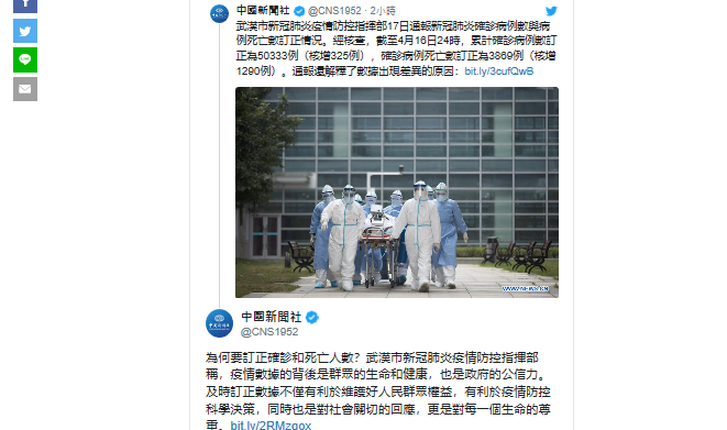 武漢市新冠肺炎疫情防控指揮部發佈《關於武漢市新冠肺炎確診病例數確診病例死亡數訂正情況的通報》上修當地確診和死亡人數。 圖:翻攝中國新聞社推特 武漢市新冠肺炎疫情防控指揮部發佈《關於武漢市新冠肺炎確診病例數確診病例死亡數訂正情況的通報》上修當地確診和死亡人數。 圖:翻攝中國新聞社推特