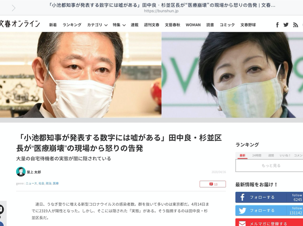杉並區區長田中良踢爆小池公布確診人數有假(攝自文春電子報官網) 杉並區區長田中良踢爆小池公布確診人數有假(攝自文春電子報官網)