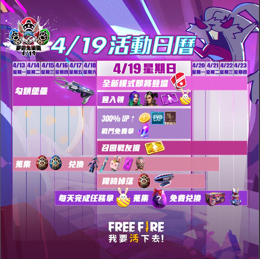 夢遊兔樂園活動日曆一覽 圖：Garena提供