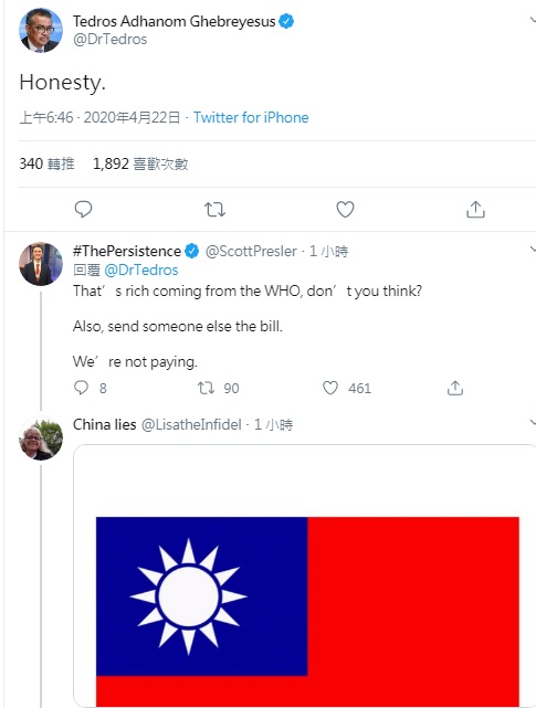 譚德塞在推特上自稱「誠實」,慘遭各國網友以台灣國旗回嗆。 圖:翻攝自譚德塞推特 譚德塞在推特上自稱「誠實」,慘遭各國網友以台灣國旗回嗆。 圖:翻攝自譚德塞推特