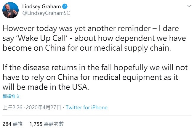 針對美國南卡羅萊納州日前接受中國150萬個外科口罩,共和黨參議員林賽·葛瑞姆(Lindsey Graham)表示,今天又再一次提醒我們,在醫療供應鏈上對於中國的依賴程度,如果新冠病毒在今年秋天捲土重來,希望屆時美國會做好準備。 圖:翻攝自Lindsey Graham推特 針對美國南卡羅萊納州日前接受中國150萬個外科口罩,共和黨參議員林賽·葛瑞姆(Lindsey Graham)表示,今天又再一次提醒我們,在醫療供應鏈上對於中國的依賴程度,如果新冠病毒在今年秋天捲土重來,希望屆時美國會做好準備。 圖:翻攝自Lindsey Graham推特