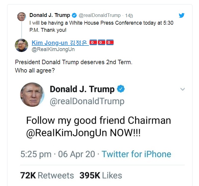 以金正恩帳號為名的回應並轉推川普推特。 圖:擷取自twitter 以金正恩帳號為名的回應並轉推川普推特。 圖:擷取自twitter