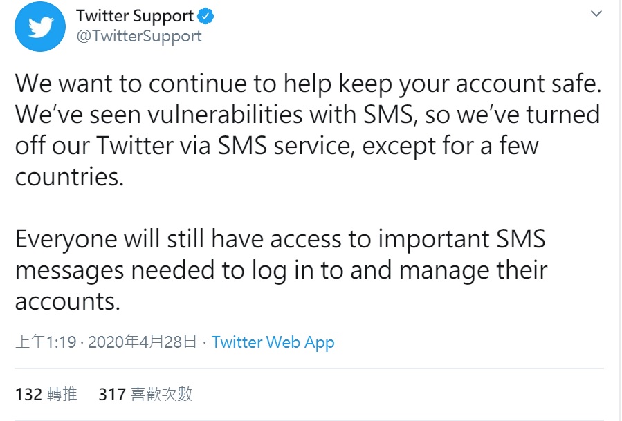 推特宣布,由於SMS(簡訊)系統出現漏洞,已經關閉了大多數國家及地區的簡訊發文服務。 圖:截取自推特的官方推特 推特宣布,由於SMS(簡訊)系統出現漏洞,已經關閉了大多數國家及地區的簡訊發文服務。 圖:截取自推特的官方推特