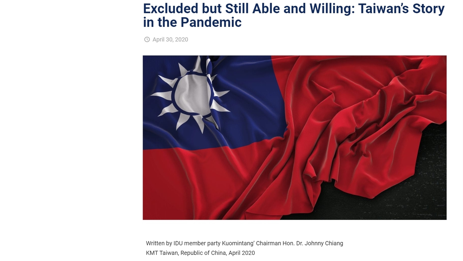 國民黨主席江啟臣在國際民主聯盟(IDU)刊登英文專論。 圖:翻攝自IDU官網 國民黨主席江啟臣在國際民主聯盟(IDU)刊登英文專論。 圖:翻攝自IDU官網