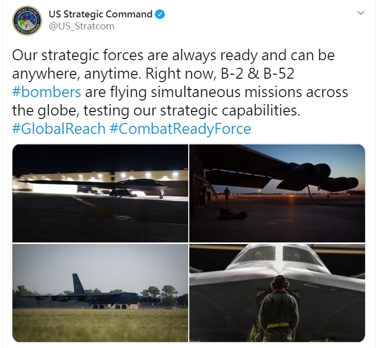 美國戰略司令部在推特表示,B-2與B-52 轟炸機正在同時執行全球任務,以測試美軍的戰略能力。 圖:翻攝自美國戰略司令部推特 美國戰略司令部在推特表示,B-2與B-52 轟炸機正在同時執行全球任務,以測試美軍的戰略能力。 圖:翻攝自美國戰略司令部推特