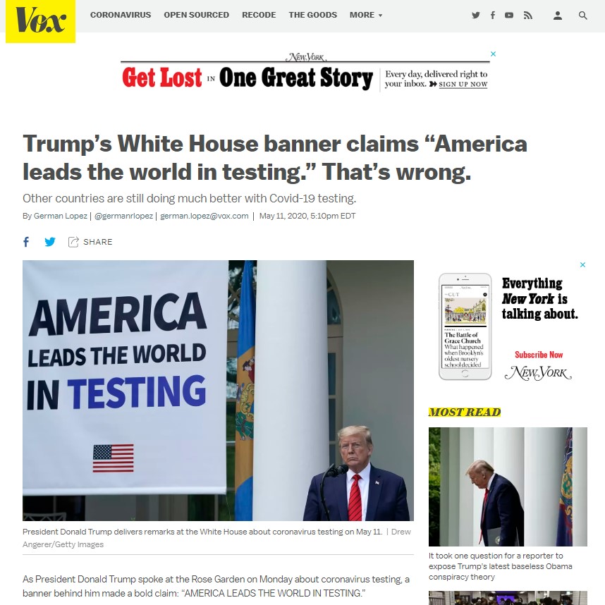 美國VOX新聞網認為,「這種說法非常具有誤導性,其他國家在新冠病毒檢測方面做得更好」。 圖:翻攝自VOX新聞網 美國VOX新聞網認為,「這種說法非常具有誤導性,其他國家在新冠病毒檢測方面做得更好」。 圖:翻攝自VOX新聞網