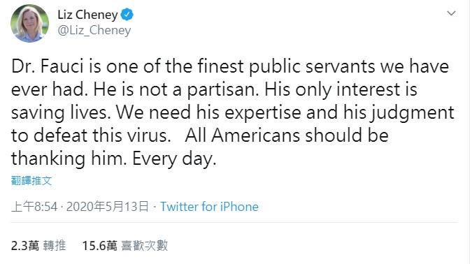 麗茲錢尼肯定佛奇的見解。 圖:翻攝自Liz Cheney推特 麗茲錢尼肯定佛奇的見解。 圖:翻攝自Liz Cheney推特