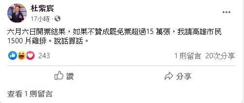 杜紫宸昨日在臉書上公布祭品文消息,引起大家關注。 圖:翻攝自杜紫宸臉書 杜紫宸昨日在臉書上公布祭品文消息,引起大家關注。 圖:翻攝自杜紫宸臉書