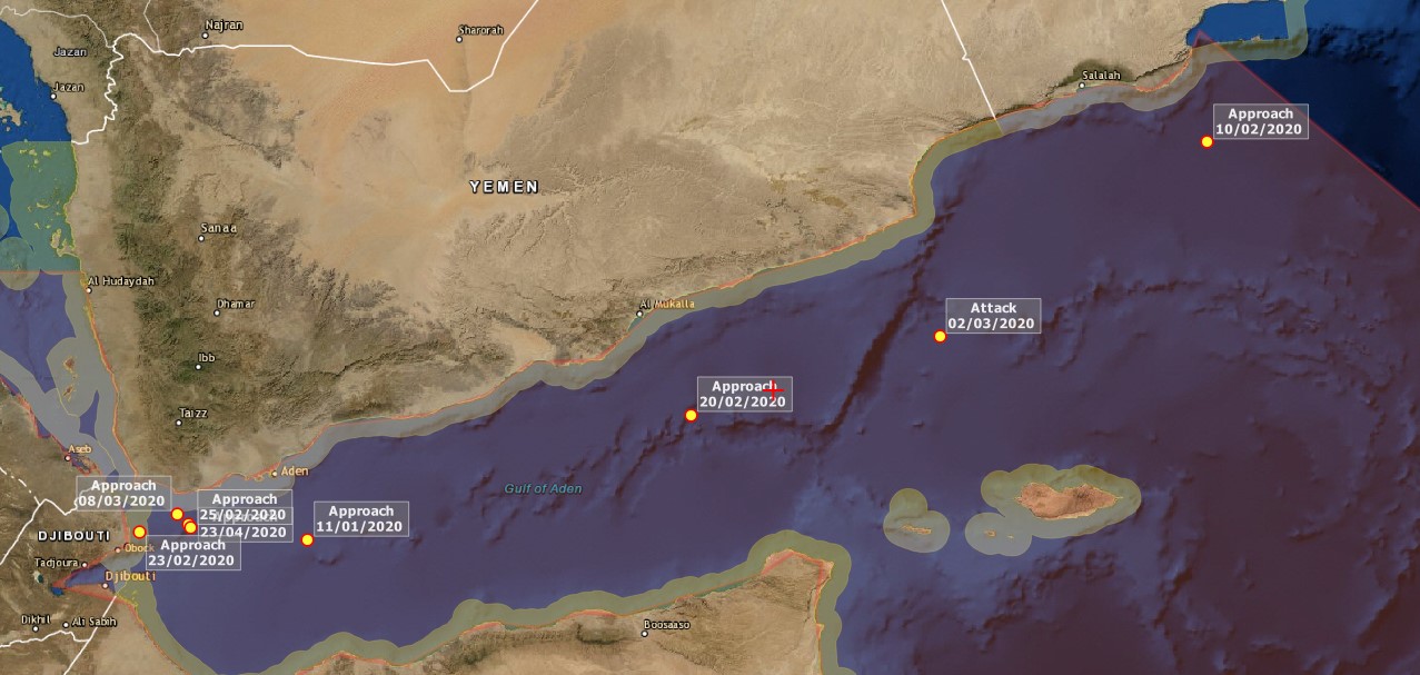 葉門海域亞丁灣海盜攻擊事件頻傳,英國油輪「Stolt Tankers」在距離海岸75海浬處遭到夾擊。 圖:翻攝自Dryad Global推特 葉門海域亞丁灣海盜攻擊事件頻傳,英國油輪「Stolt Tankers」在距離海岸75海浬處遭到夾擊。 圖:翻攝自Dryad Global推特