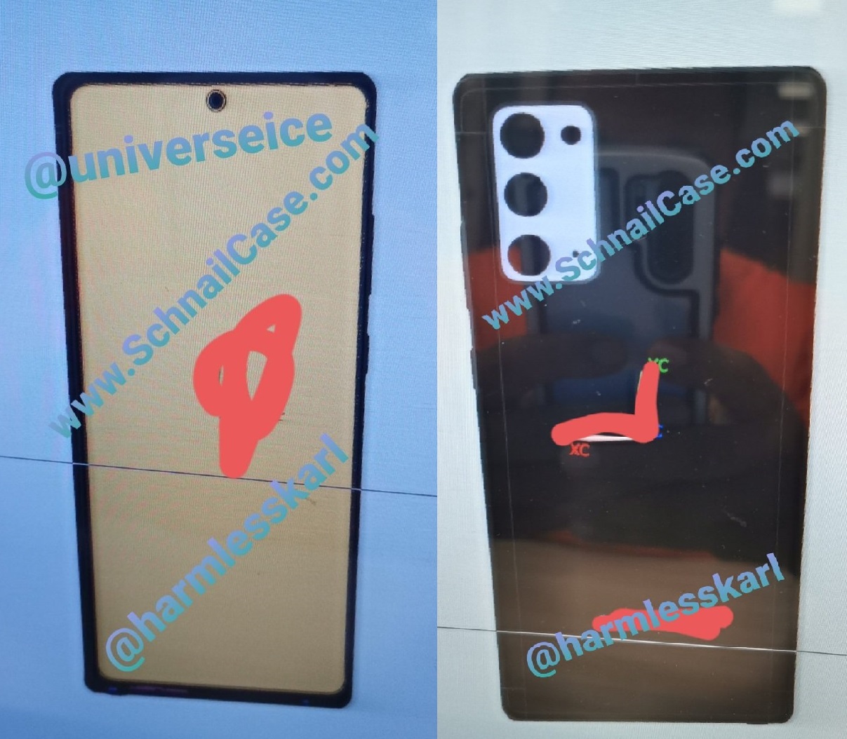 中國3C爆料達人i冰宇宙(ice Universe)在微博公布了三星下半年將發表的Galaxy Note 20系列手機設計圖。 圖:新頭殼/合成 中國3C爆料達人i冰宇宙(ice Universe)在微博公布了三星下半年將發表的Galaxy Note 20系列手機設計圖。 圖:新頭殼/合成
