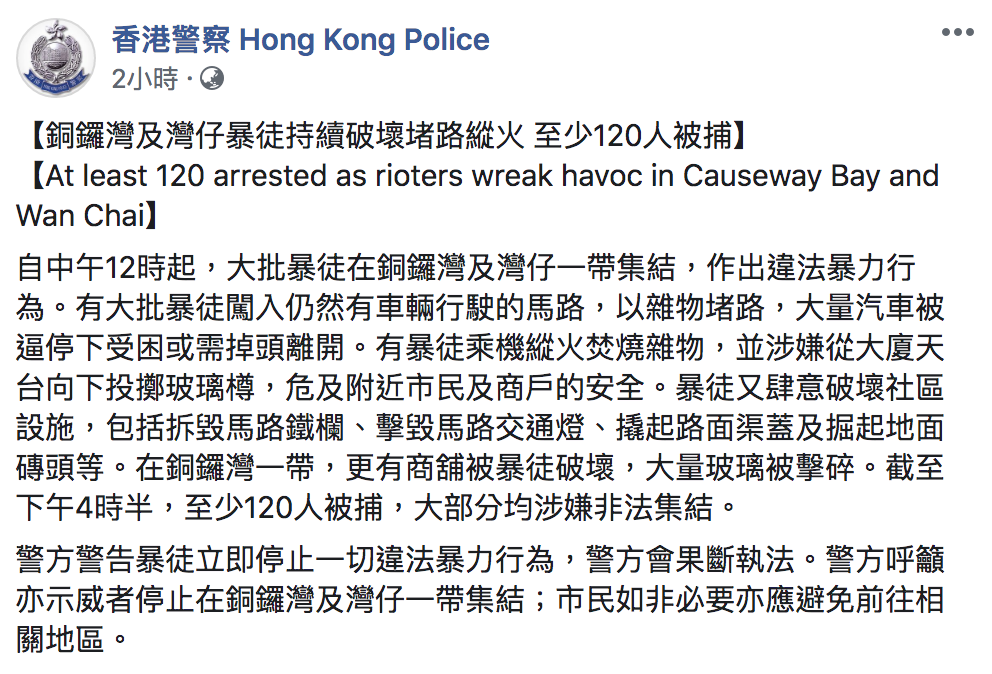 香港警察在臉書指出,截至下午4時半,至少120人被捕,大部分均涉嫌非法集結。 圖:翻攝自「香港警察」 香港警察在臉書指出,截至下午4時半,至少120人被捕,大部分均涉嫌非法集結。 圖:翻攝自「香港警察」