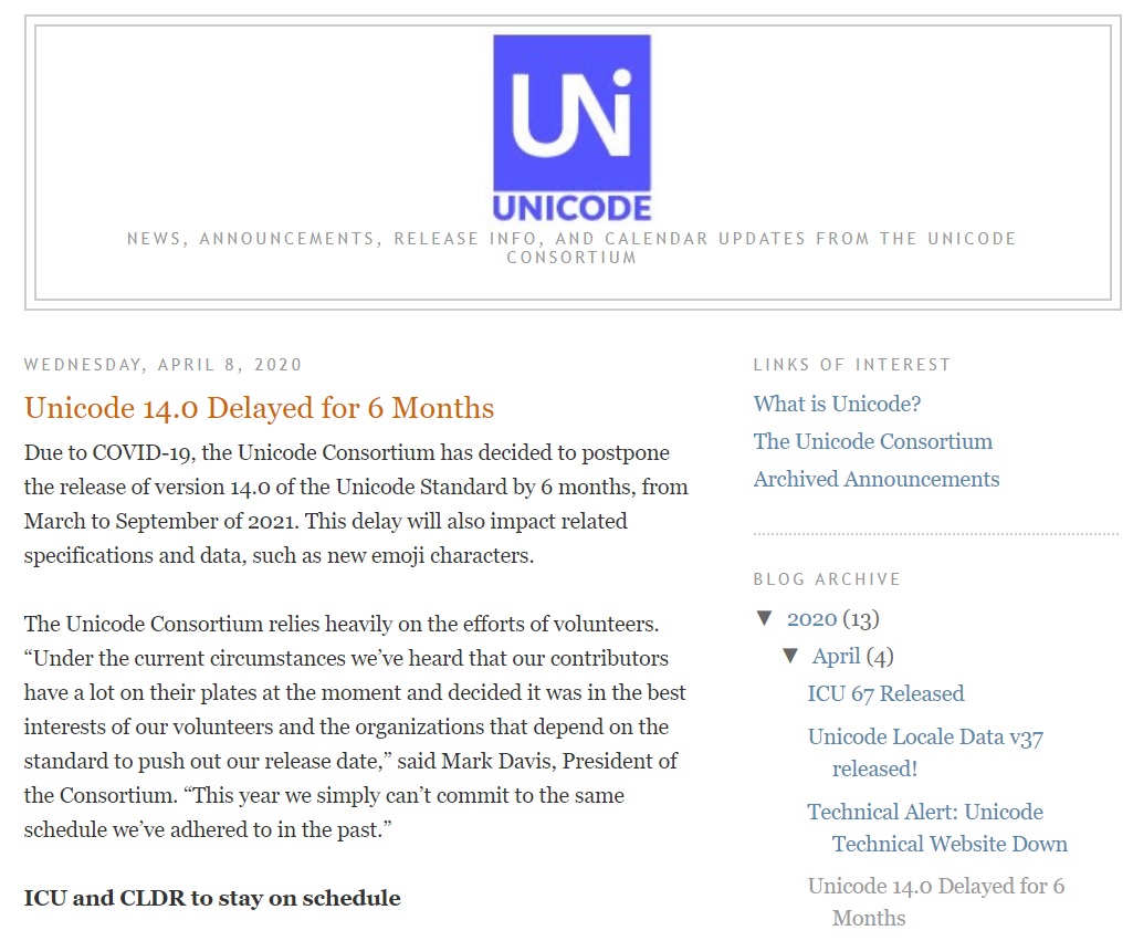 統一碼聯盟(Unicode Consortium)表示,原訂明年3月推出的表情符號「Emoji 14.0」版將延遲發表。 圖:取自UNICODE準則公告官網 統一碼聯盟(Unicode Consortium)表示,原訂明年3月推出的表情符號「Emoji 14.0」版將延遲發表。 圖:取自UNICODE準則公告官網
