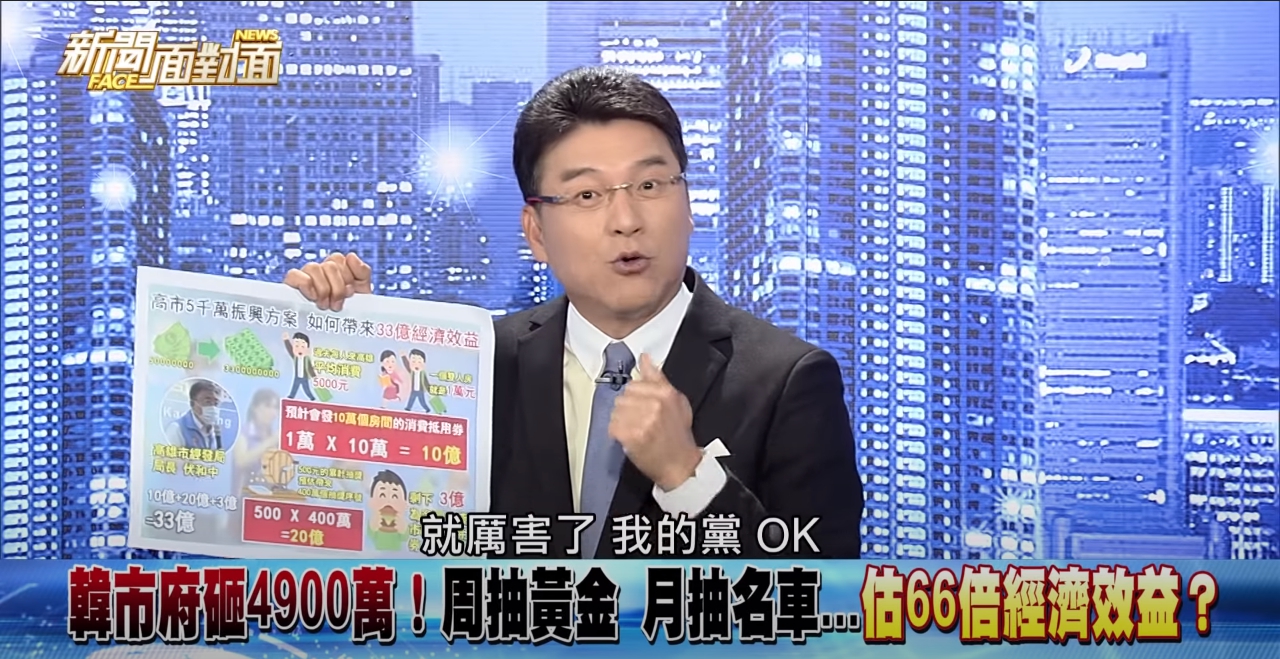 主持人謝震武在節目中打臉韓國瑜自稱振興方案能帶來33億經濟效益。 圖:擷取自YouTube 主持人謝震武在節目中打臉韓國瑜自稱振興方案能帶來33億經濟效益。 圖:擷取自YouTube