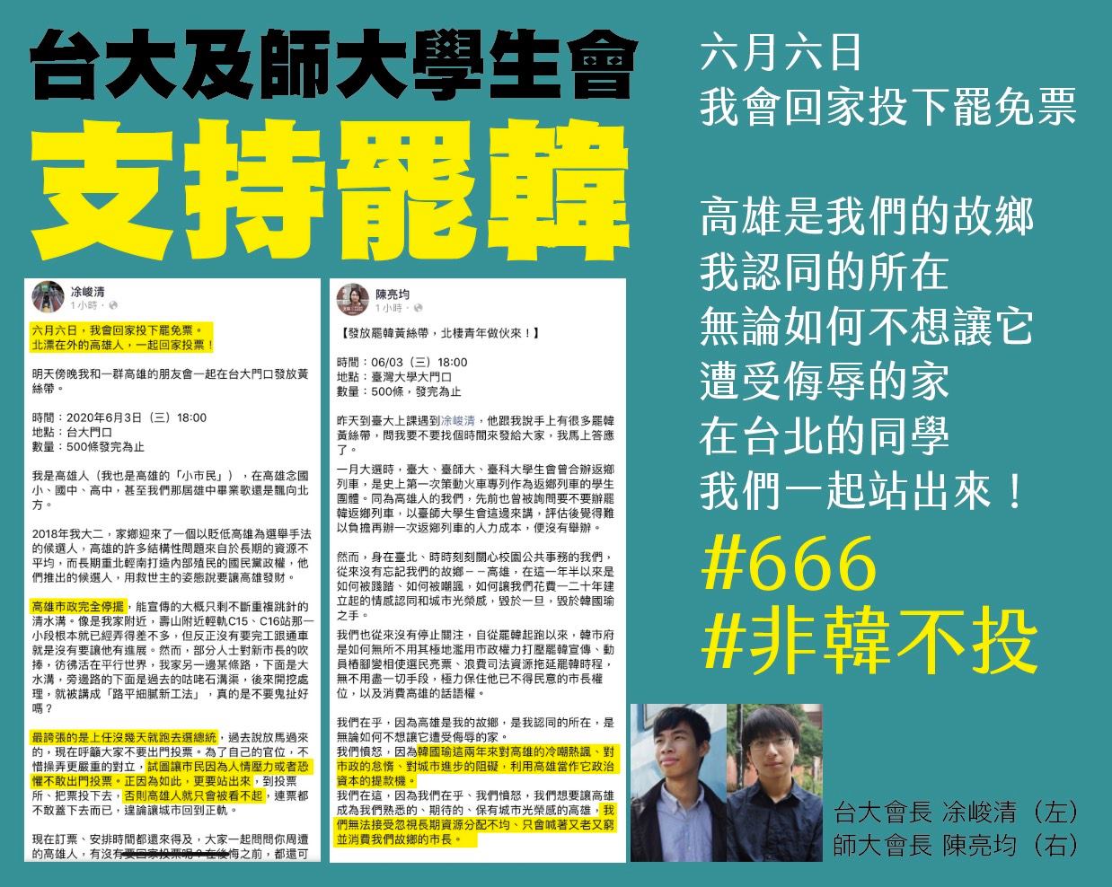 台大、台師大學生會長凃峻清、陳亮均皆來自高雄,兩人在臉書上發文表示會回高雄投票。 圖:取自劉世芳臉書 台大、台師大學生會長凃峻清、陳亮均皆來自高雄,兩人在臉書上發文表示會回高雄投票。 圖:取自劉世芳臉書