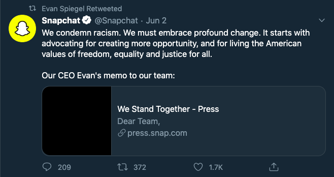 Snapchat執行長Evan Spiegle公開譴責種族歧視。 圖:擷取自Evan Spiegle推特 Snapchat執行長Evan Spiegle公開譴責種族歧視。 圖:擷取自Evan Spiegle推特