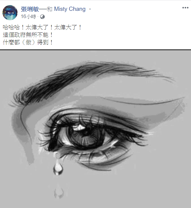 張琍敏得知罷韓成功消息後,在臉書放上一張流淚照。 圖:翻攝自張琍敏臉書 張琍敏得知罷韓成功消息後,在臉書放上一張流淚照。 圖:翻攝自張琍敏臉書