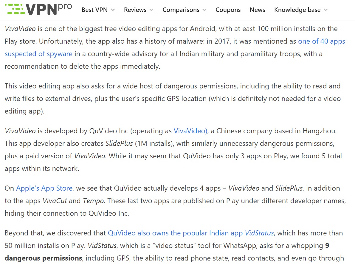 資安研究機構 VPNpro的調查報告指影音剪輯App「小影」(VivaVideo)具有「高度危險性」。 圖:截取自資安研究機構 VPNpro官網 資安研究機構 VPNpro的調查報告指影音剪輯App「小影」(VivaVideo)具有「高度危險性」。 圖:截取自資安研究機構 VPNpro官網