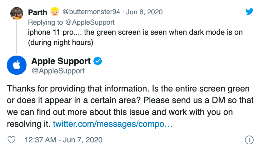 蘋果回應網友手機綠屏問題。 圖:翻攝自Apple Support推特 蘋果回應網友手機綠屏問題。 圖:翻攝自Apple Support推特
