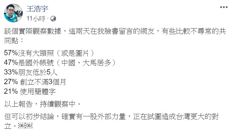 王浩宇臉書遭出征,他表示這些網友都有不尋常的共通點,「確實有一股外部力量,正在試圖造成台灣更大的對立」。 圖:翻攝自王浩宇臉書 王浩宇臉書遭出征,他表示這些網友都有不尋常的共通點,「確實有一股外部力量,正在試圖造成台灣更大的對立」。 圖:翻攝自王浩宇臉書