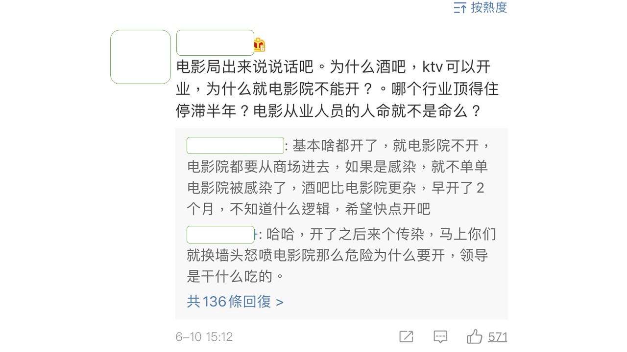 中果網民開始質疑政府,為什麼各行業都開始復甦,電影院卻遲遲不復工。 圖:翻攝微博 中果網民開始質疑政府,為什麼各行業都開始復甦,電影院卻遲遲不復工。 圖:翻攝微博