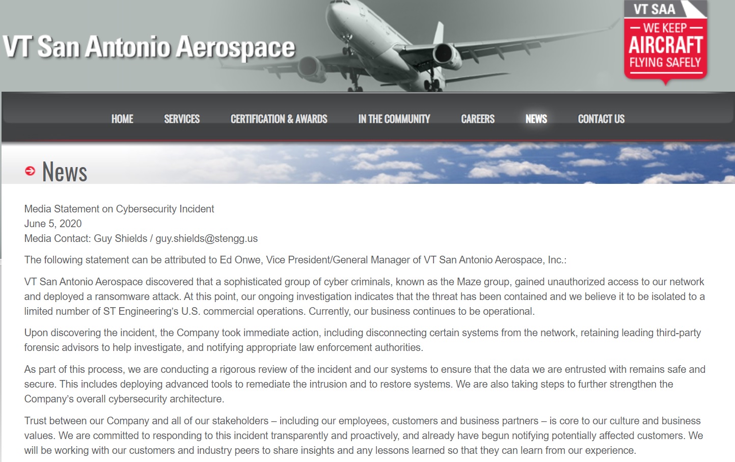 位於美國的航太服務供應商VT San Antonio Aerospace在官網宣布遭駭客攻擊。 圖:截取自官方網站 位於美國的航太服務供應商VT San Antonio Aerospace在官網宣布遭駭客攻擊。 圖:截取自官方網站