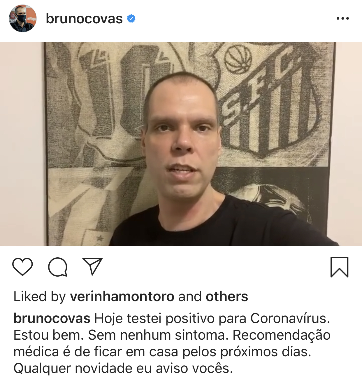 巴西聖保羅市長科瓦斯(Bruno Covas)日前在IG宣佈自己確診 圖:翻攝自「Bruno Covas」IG 巴西聖保羅市長科瓦斯(Bruno Covas)日前在IG宣佈自己確診 圖:翻攝自「Bruno Covas」IG