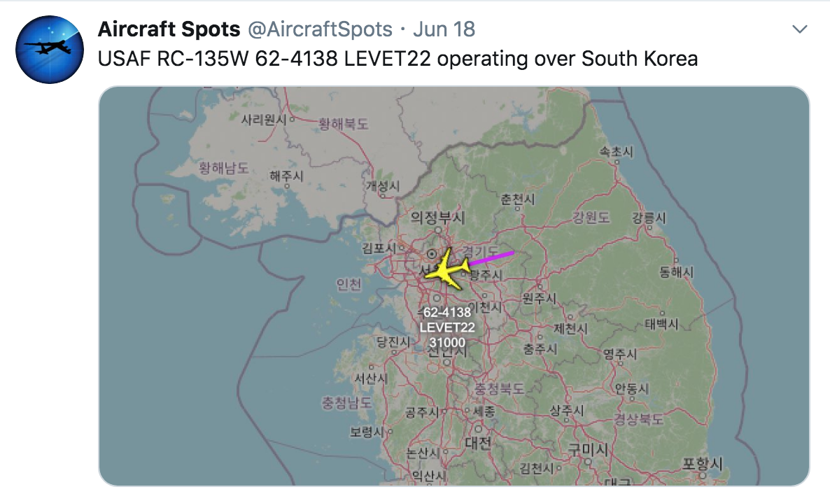美國偵察機連續兩天在南韓首都圈上空飛行,加強對北韓的監察。 圖:翻攝自「Aircraft Spots」Twitter 美國偵察機連續兩天在南韓首都圈上空飛行,加強對北韓的監察。 圖:翻攝自「Aircraft Spots」Twitter