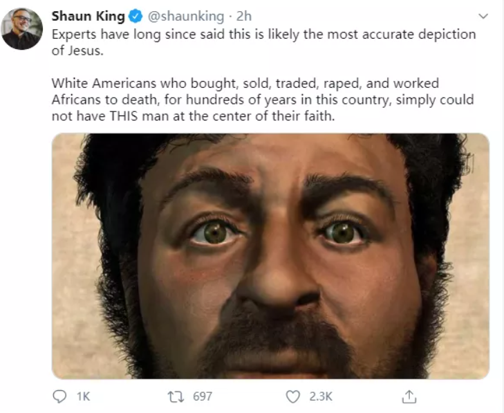 美國自由派人士Shaun King也發文,內容呼籲人們去推倒歐洲白人樹立的對於耶穌基督的認知。 圖:翻攝自推特 美國自由派人士Shaun King也發文,內容呼籲人們去推倒歐洲白人樹立的對於耶穌基督的認知。 圖:翻攝自推特