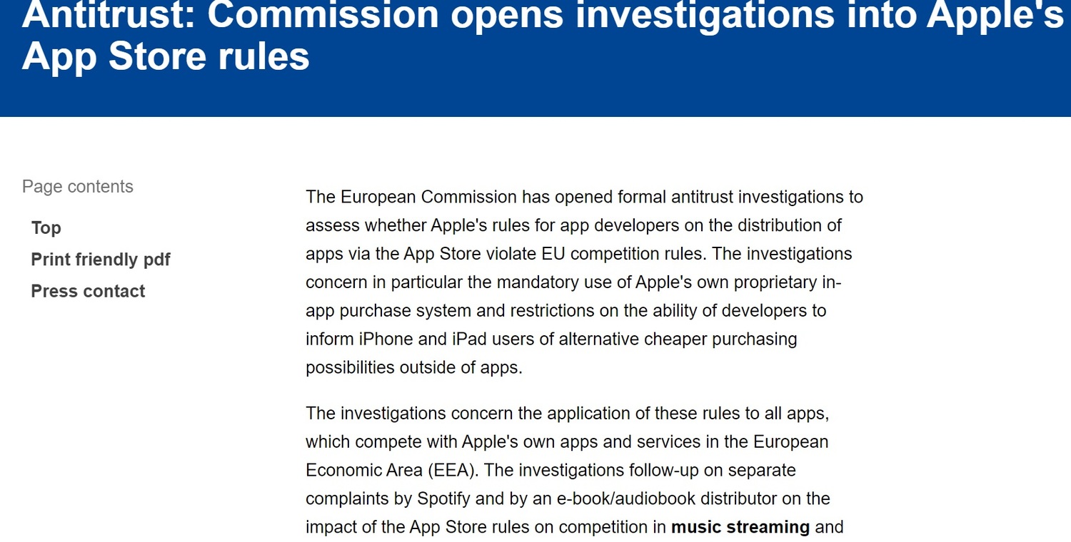 歐盟針對蘋果展開反壟斷調查,看蘋果App Store和支付服務Apple Pay是否違反市場競爭規則。 圖:截取自歐盟官網 歐盟針對蘋果展開反壟斷調查,看蘋果App Store和支付服務Apple Pay是否違反市場競爭規則。 圖:截取自歐盟官網