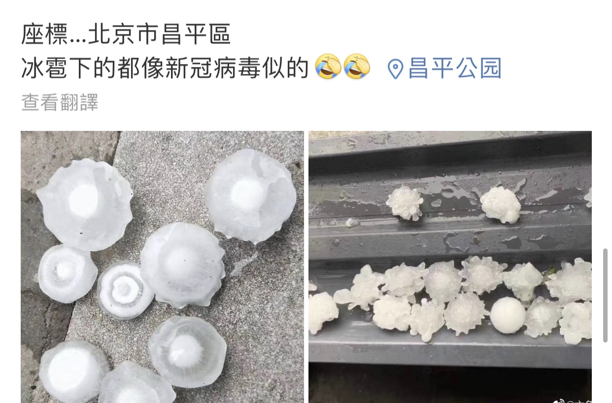 北京昨(25)天下起神似冠狀病毒的冰雹。 圖:翻攝自微博 北京昨(25)天下起神似冠狀病毒的冰雹。 圖:翻攝自微博