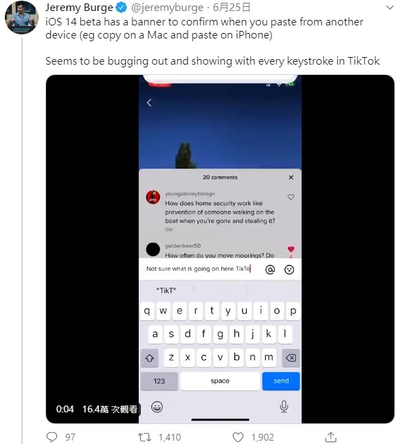 ,Emojipedia 表情符號資料庫的執行長 Jeremy Burge 在Twitter 上表示,發現Tik Tok會在用戶打字時,在沒有主動於APP貼上文字下存取用戶的剪貼簿資料。 圖:翻攝自推特 ,Emojipedia 表情符號資料庫的執行長 Jeremy Burge 在Twitter 上表示,發現Tik Tok會在用戶打字時,在沒有主動於APP貼上文字下存取用戶的剪貼簿資料。 圖:翻攝自推特