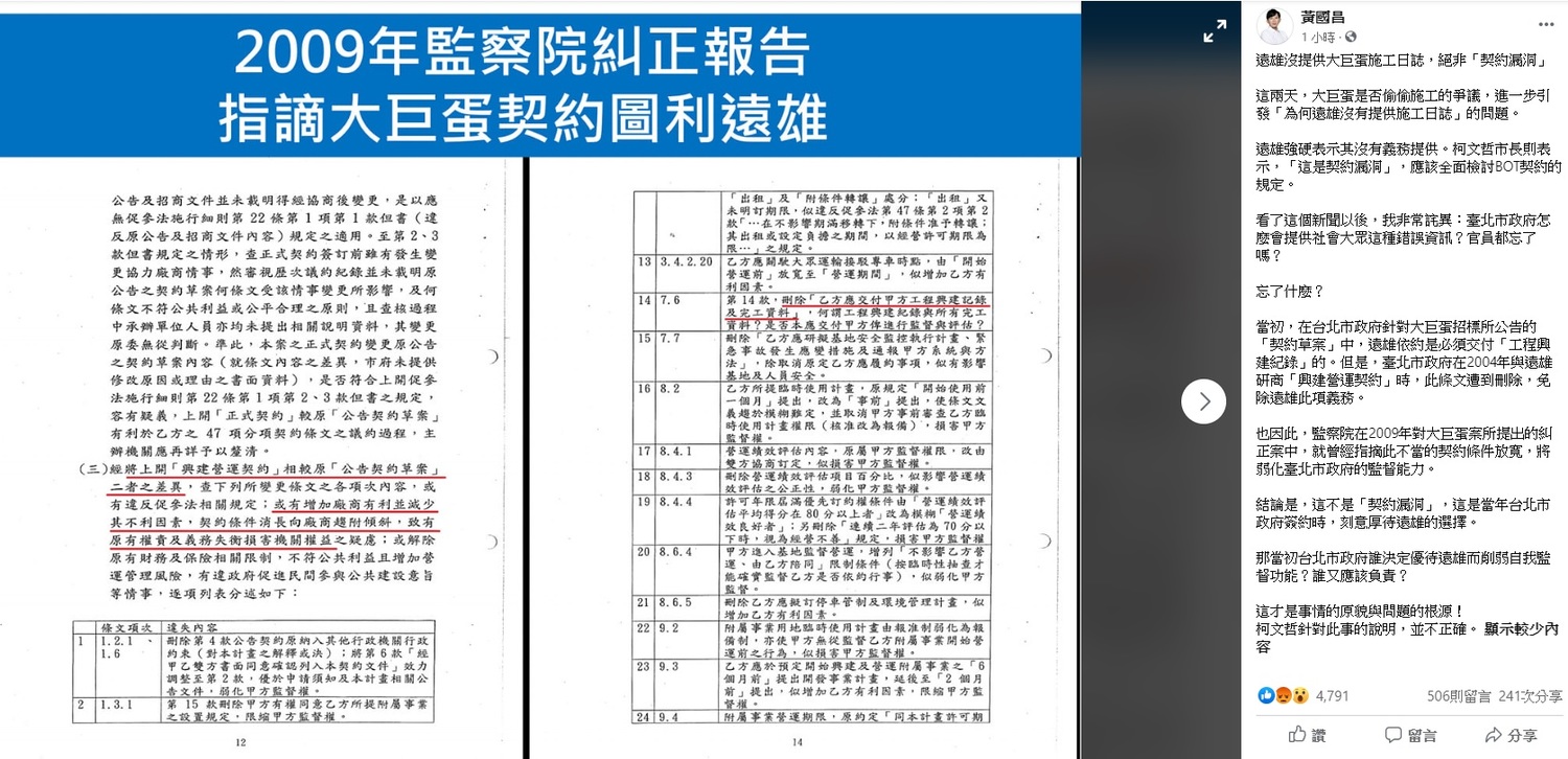 前立委黃國昌今日痛批,遠雄沒提供大巨蛋施工日誌,絕非「契約漏洞」,這是當年台北市政府簽約時,刻意厚待遠雄的選擇,柯文哲針對此事的說明,並不正確。 圖:翻攝自黃國昌臉書 前立委黃國昌今日痛批,遠雄沒提供大巨蛋施工日誌,絕非「契約漏洞」,這是當年台北市政府簽約時,刻意厚待遠雄的選擇,柯文哲針對此事的說明,並不正確。 圖:翻攝自黃國昌臉書