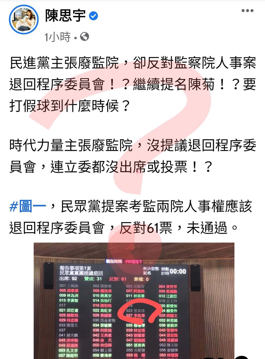 時代力量立委邱顯智把陳思宇該帖文截圖,並且打上「?」 圖:翻攝邱顯智臉書 時代力量立委邱顯智把陳思宇該帖文截圖,並且打上「?」 圖:翻攝邱顯智臉書