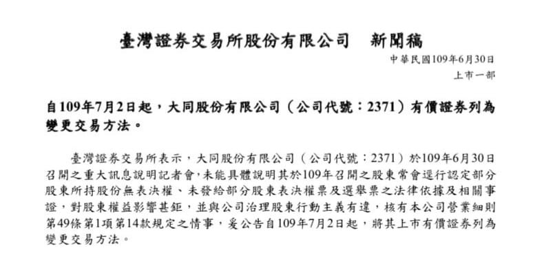 證交所今晚開鍘,7月2日將大同打入全額交割股。 圖:翻攝黃國昌臉書 證交所今晚開鍘,7月2日將大同打入全額交割股。 圖:翻攝黃國昌臉書