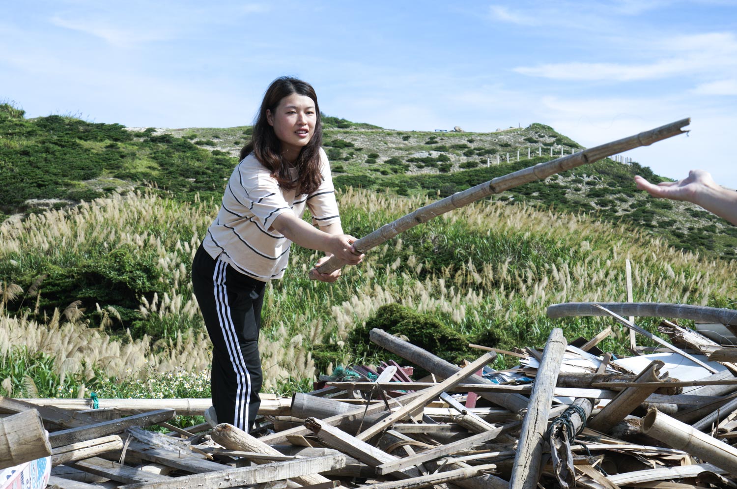 曹芷屏將一根可用的竹竿傳遞給大浦Plus團隊的夥伴,她們在馬祖東莒資源回收場的一堆廢棄物中,尋找可以用來蓋雞舍的素材。 圖:張良一/攝 曹芷屏將一根可用的竹竿傳遞給大浦Plus團隊的夥伴,她們在馬祖東莒資源回收場的一堆廢棄物中,尋找可以用來蓋雞舍的素材。 圖:張良一/攝