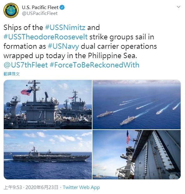 美國近日派出航空母艦雷根號及尼米茲號在南海海域進行軍演,引起外界關注。 圖:翻攝自推特 美國近日派出航空母艦雷根號及尼米茲號在南海海域進行軍演,引起外界關注。 圖:翻攝自推特
