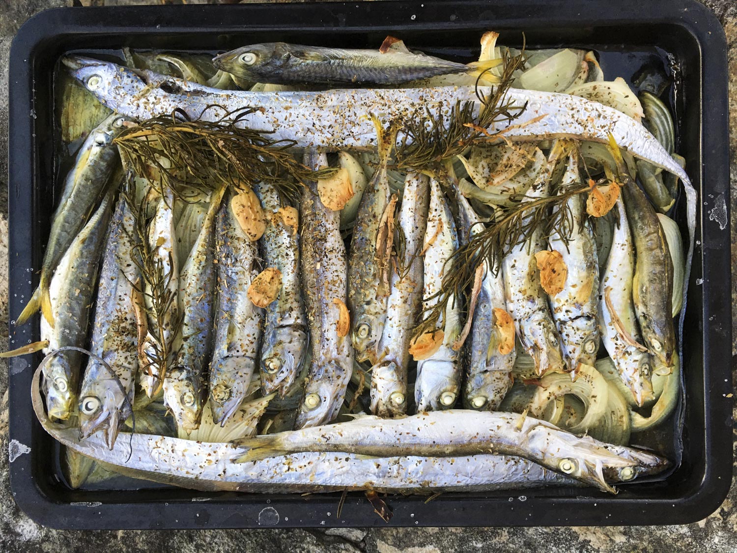 鯷魚和蔬菜一起烤,鋪在魚下面的蔬菜吸滿鯷魚的鮮甜,非常美味。 圖:張良一/攝 鯷魚和蔬菜一起烤,鋪在魚下面的蔬菜吸滿鯷魚的鮮甜,非常美味。 圖:張良一/攝