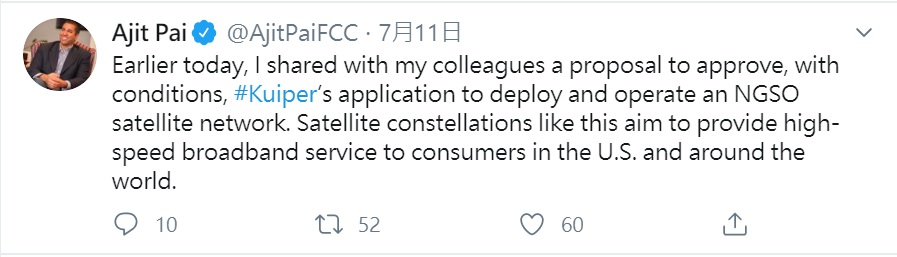 FCC主席阿吉特派(Ajit Pai)支持亞馬遜柯伊伯計劃(Project Kuiper),已建議同事有條件核准通過。 圖:截取自Ajit Pai推特 FCC主席阿吉特派(Ajit Pai)支持亞馬遜柯伊伯計劃(Project Kuiper),已建議同事有條件核准通過。 圖:截取自Ajit Pai推特