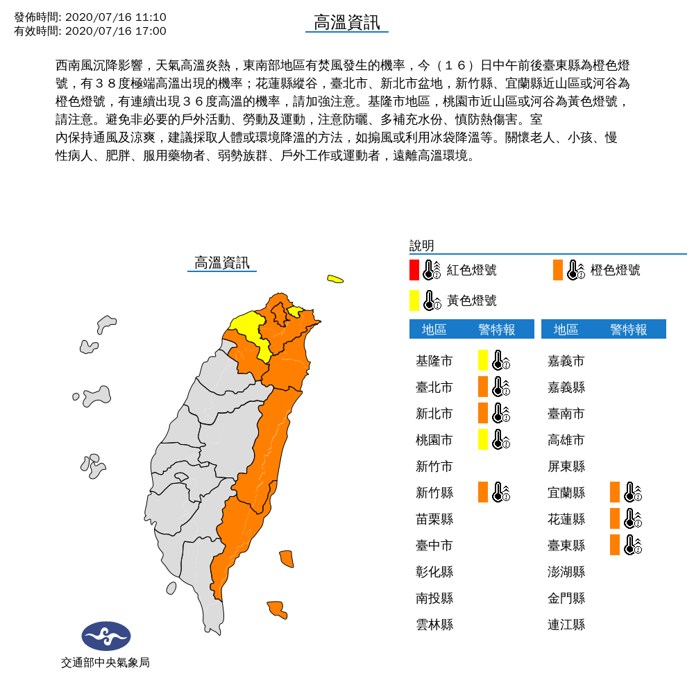 全台8縣市發布高溫特報。 圖:中央氣象局/提供 全台8縣市發布高溫特報。 圖:中央氣象局/提供