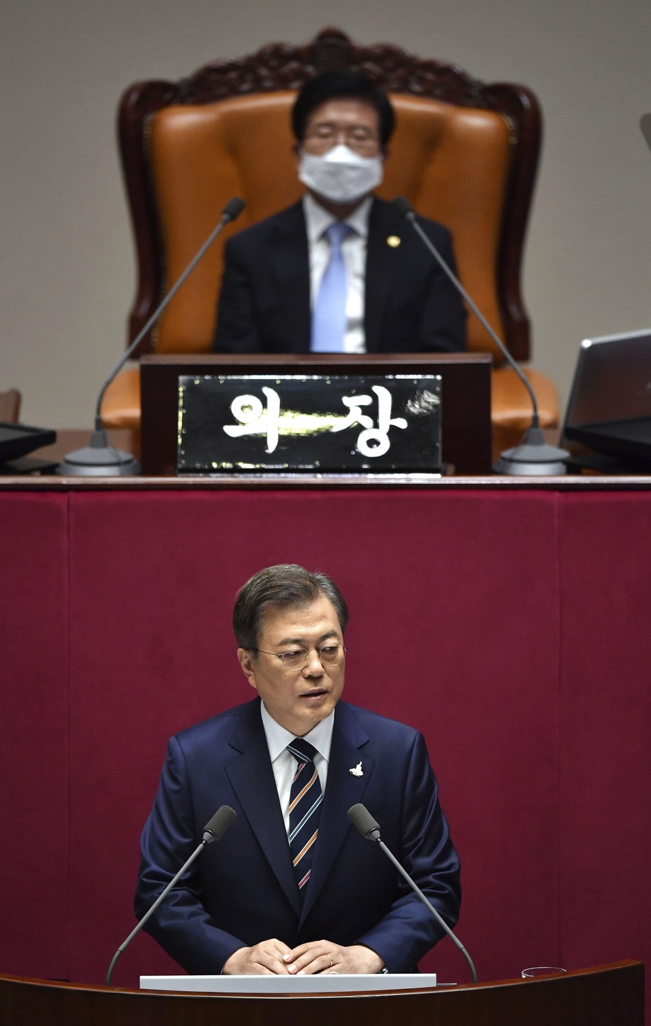 7月16日下午,韓國總統文在寅在首爾舉行第21屆國民大會開幕式。 圖:達志影像/美聯社 7月16日下午,韓國總統文在寅在首爾舉行第21屆國民大會開幕式。 圖:達志影像/美聯社