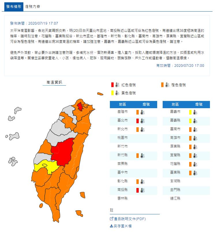 今(20)日全台高溫持續,10多個縣市拉警報。 圖:中央氣象局/提供 今(20)日全台高溫持續,10多個縣市拉警報。 圖:中央氣象局/提供