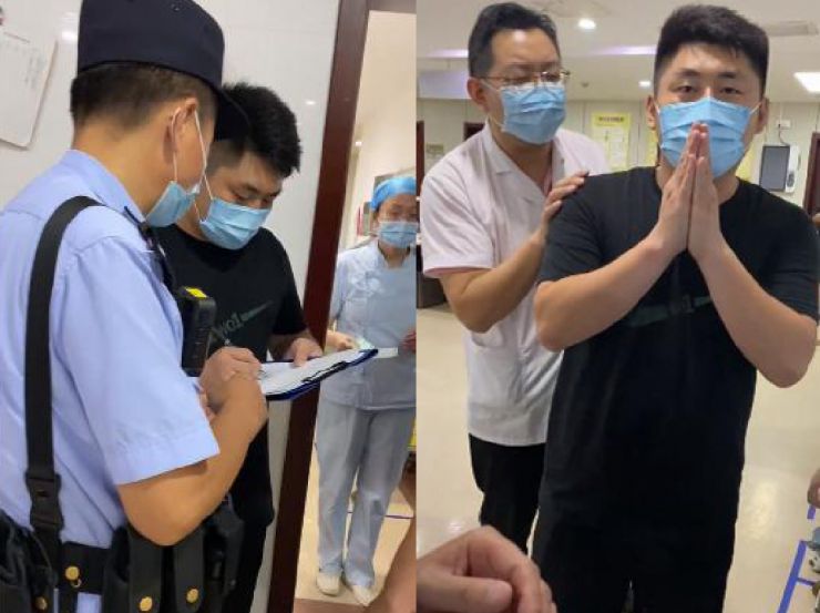 警方到場後姜濤向醫護人員道歉。 圖:翻攝自微博 警方到場後姜濤向醫護人員道歉。 圖:翻攝自微博