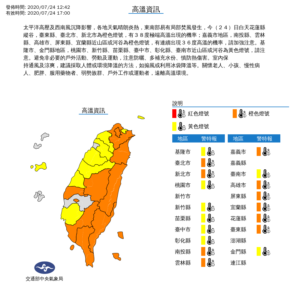 中央氣象局針對18縣市發佈高溫訊息。 圖:中央氣象局/提供 中央氣象局針對18縣市發佈高溫訊息。 圖:中央氣象局/提供