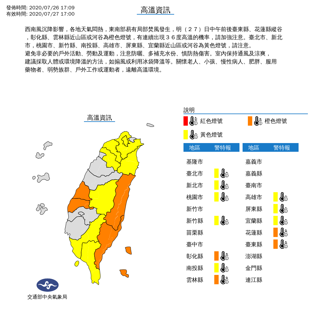 今日全台高溫分布圖,12縣市都發出高溫警報。 圖:中央氣象局/提供 今日全台高溫分布圖,12縣市都發出高溫警報。 圖:中央氣象局/提供
