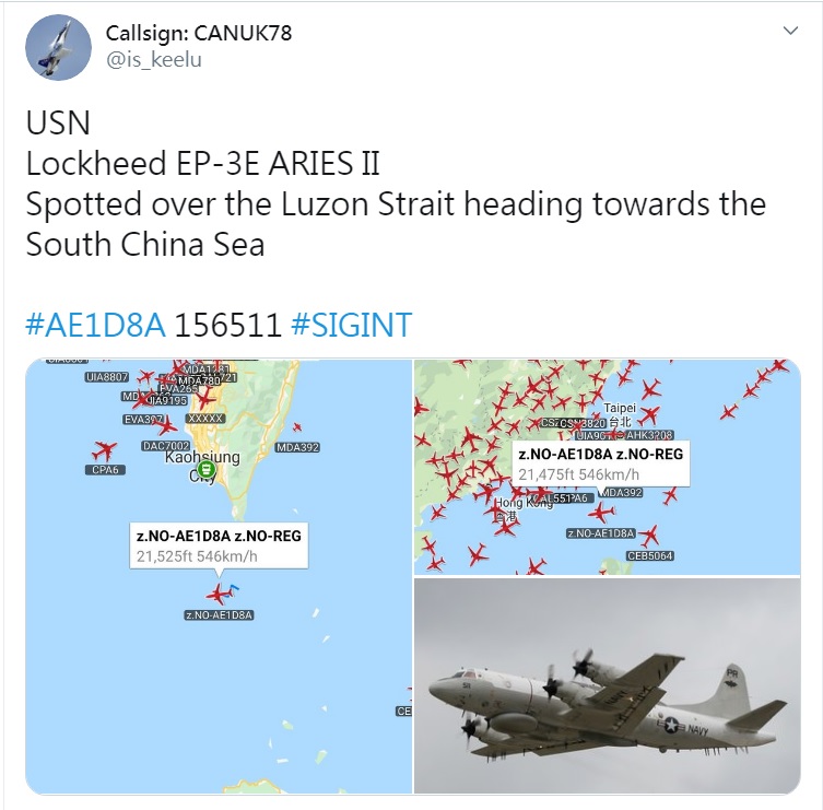 分享全球各國軍機動態的「Callsign: CANUK78」26日也在推特,發布美軍EP-3E電偵機由呂宋海域朝南海飛行的訊息。 圖:翻攝自Callsign: CANUK78推特 分享全球各國軍機動態的「Callsign: CANUK78」26日也在推特,發布美軍EP-3E電偵機由呂宋海域朝南海飛行的訊息。 圖:翻攝自Callsign: CANUK78推特