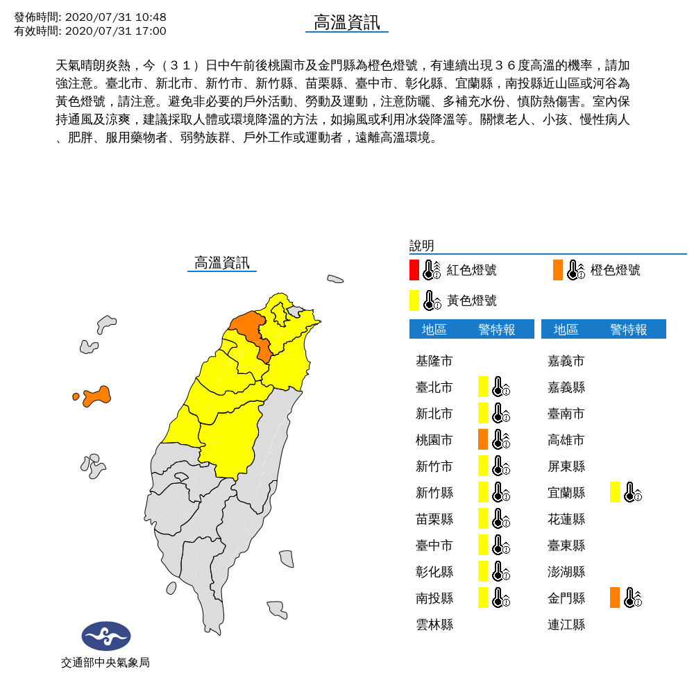 全台高溫分布圖。 圖:中央氣象局/提供 全台高溫分布圖。 圖:中央氣象局/提供