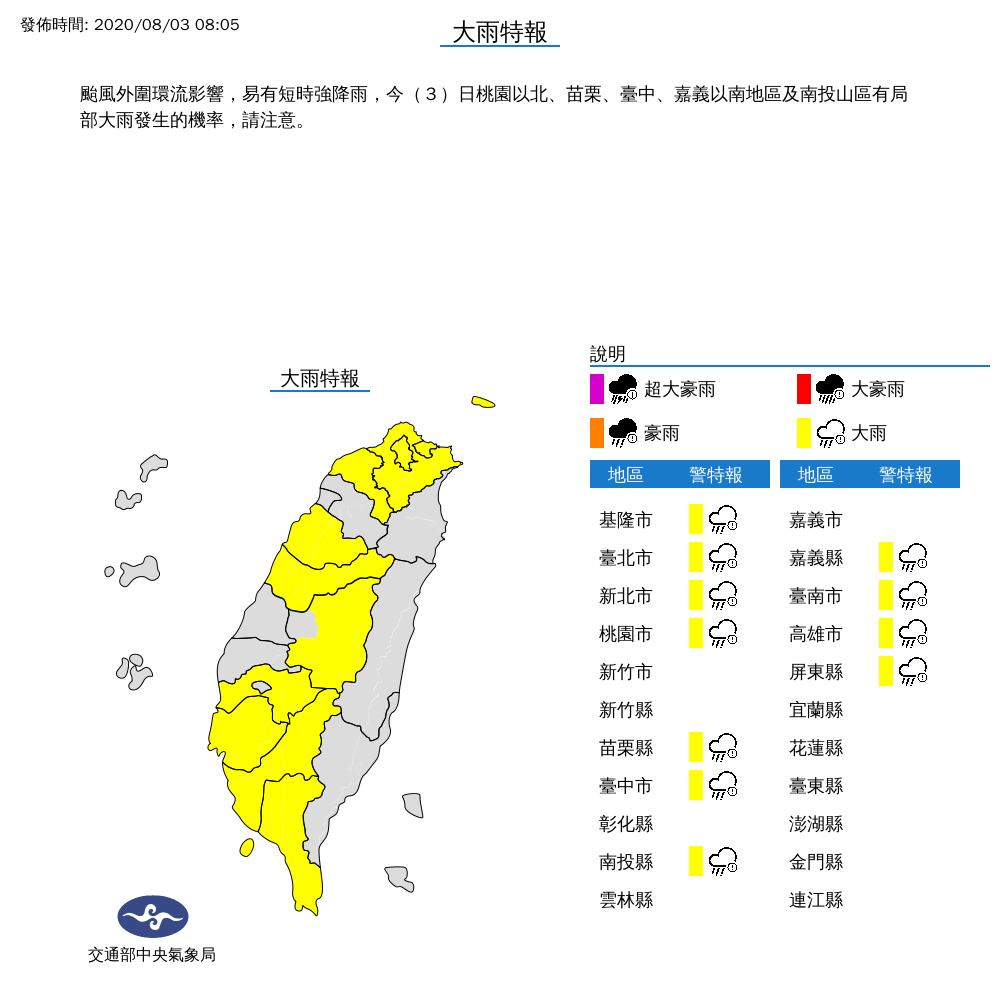 今(3日)上午8時05分氣象局發布大雨特報 圖:翻攝自中央氣象局 今(3日)上午8時05分氣象局發布大雨特報 圖:翻攝自中央氣象局