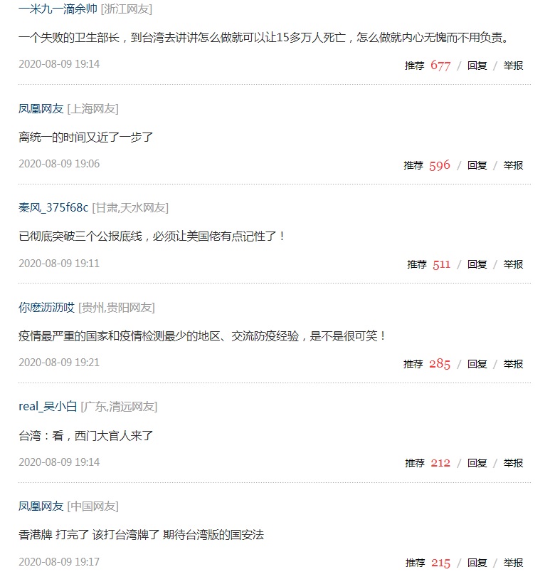中國網友眼紅美國衛生部長阿札爾訪問台灣,酸言酸語,忘了自己的國家是造成這次全球疫情大爆發的禍首。 圖:翻攝自中國鳳凰網 中國網友眼紅美國衛生部長阿札爾訪問台灣,酸言酸語,忘了自己的國家是造成這次全球疫情大爆發的禍首。 圖:翻攝自中國鳳凰網