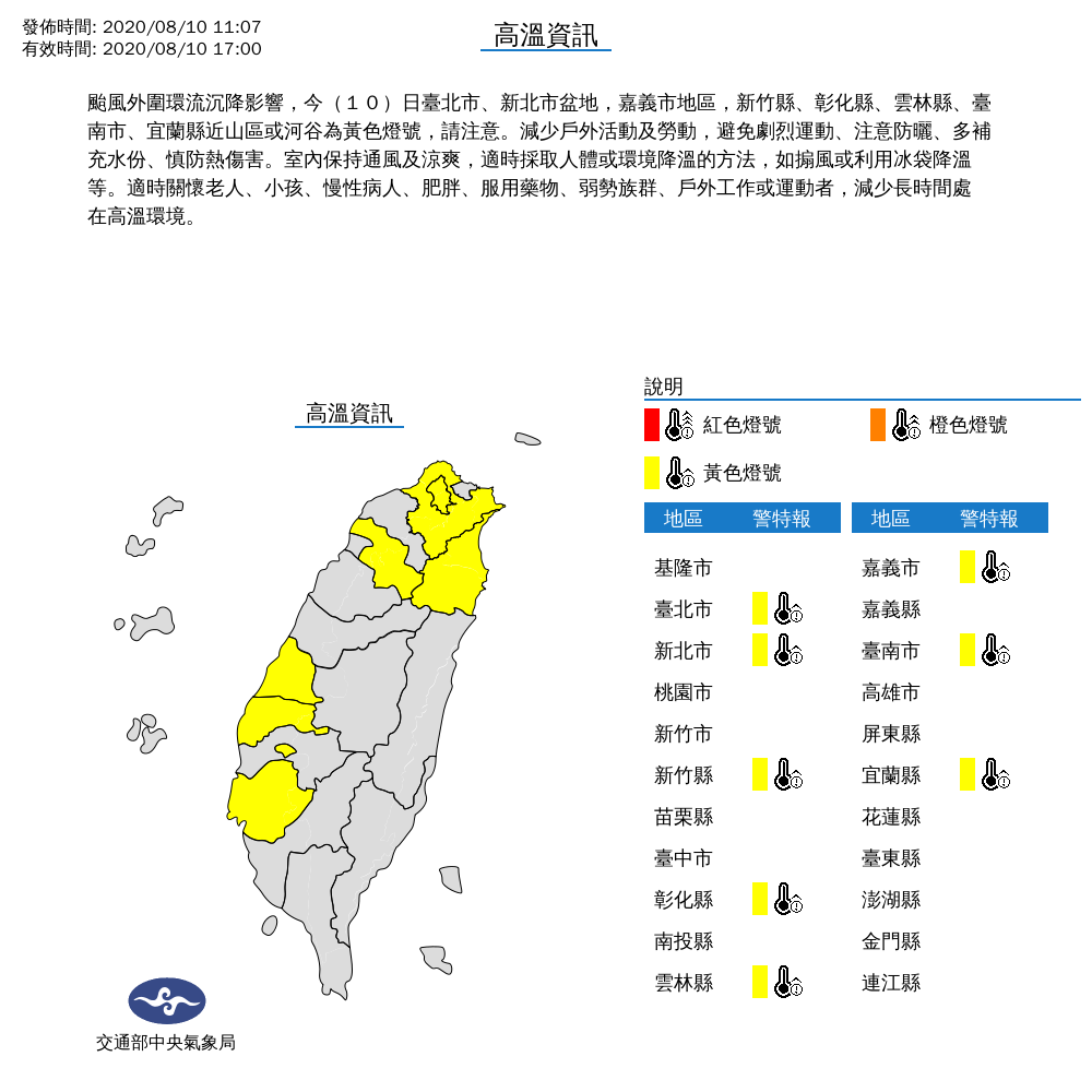 氣象局呼籲,請民眾減少戶外活動及勞動,避免劇烈運動、注意防曬、多補充水份。 圖:翻攝自中央氣象局官網 氣象局呼籲,請民眾減少戶外活動及勞動,避免劇烈運動、注意防曬、多補充水份。 圖:翻攝自中央氣象局官網